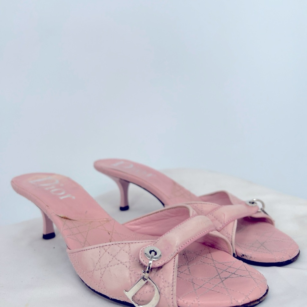 Dior Women's Open Toe Pink Cannage Leather Logo Slide Sandals EU Sz 37 US Sz 7
